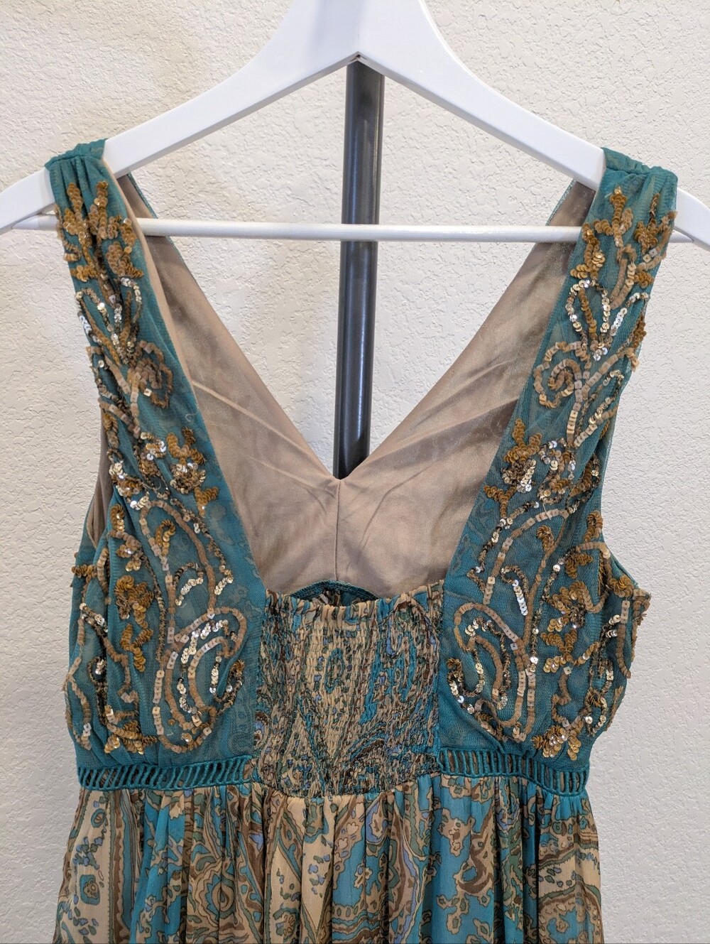 Anthropologie Teal Paisley Maxi Dress with Gold Accents - Picture 8 of 14